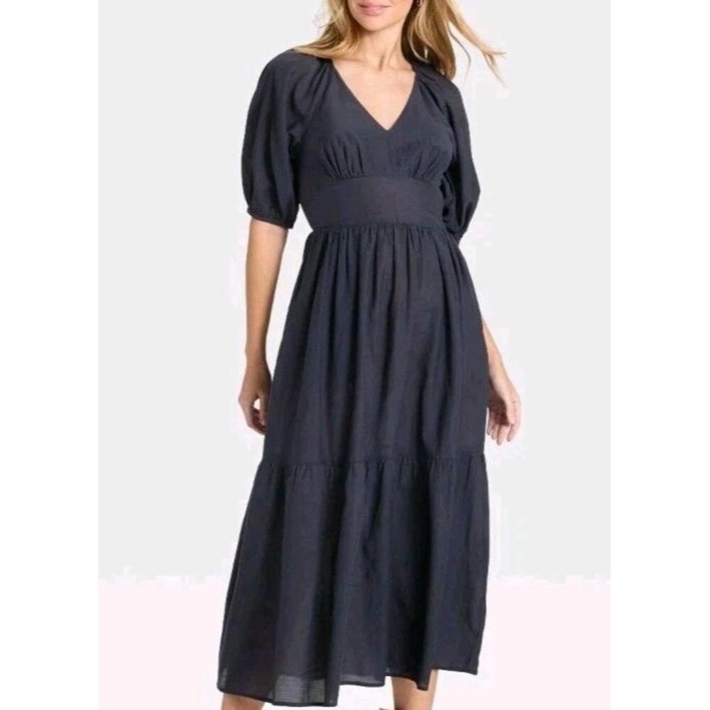 Universal Thread Navy Blue Puff Sleeve Tiered Midi Dress V-Neck M Cotton Blend